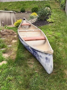 Classic Two-Seat Recreational Canoe in White and Blue